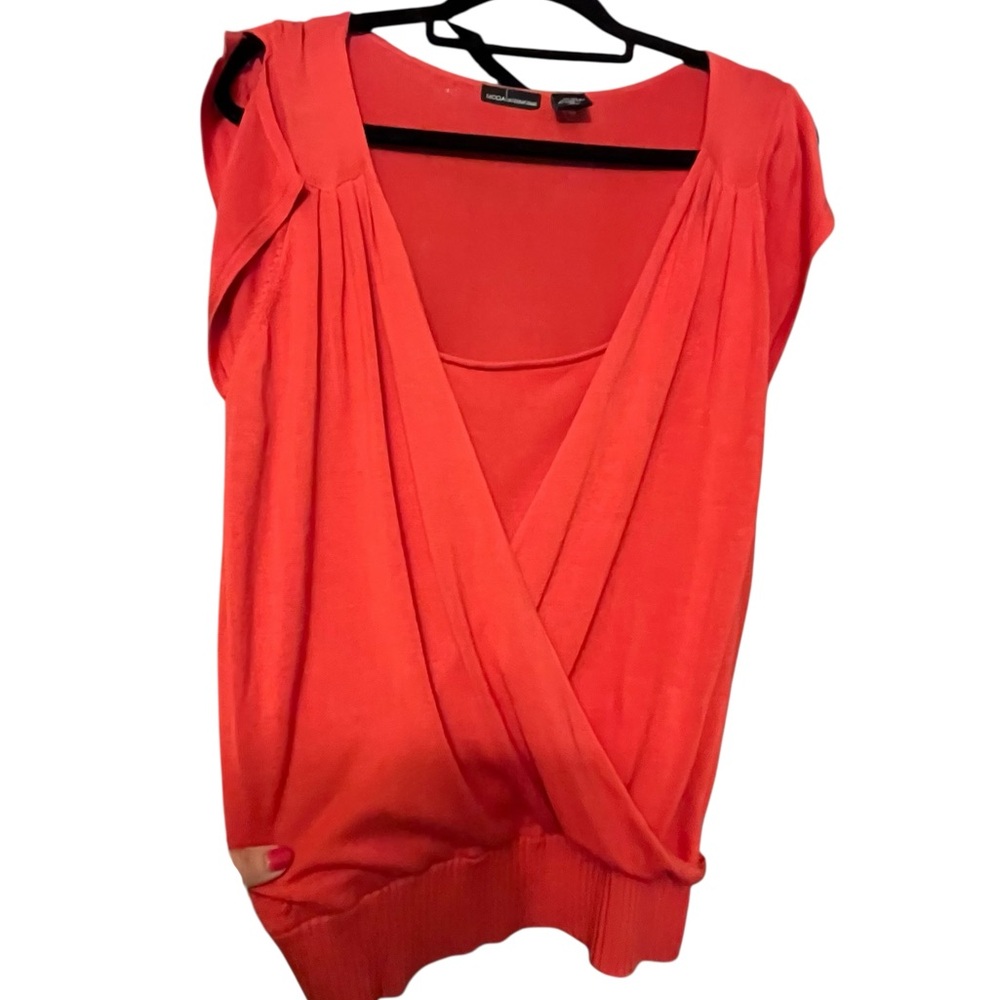 Moda International Coral Red Surplice Cap Sleeve Top